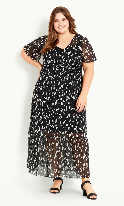 Evans Dress UK 24 Black Spot Print Faux Wrap Maxi 