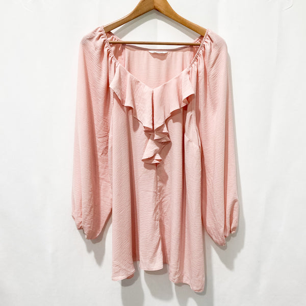 Evans Top UK 22 Pink Ruffle V-Neck Long Sleeve