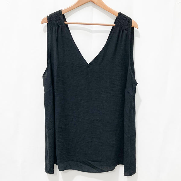 Evans Black Shirred Shoulder Sleeveless V-Neck Top UK 30