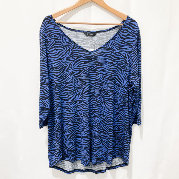 Evans Blue Animal Print 3/4 Sleeve Stretch Jersey V-Neck Top UK 14