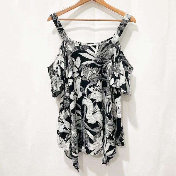 Evans Cold Shoulder Top UK 18 Black & White Tropical Floral Print