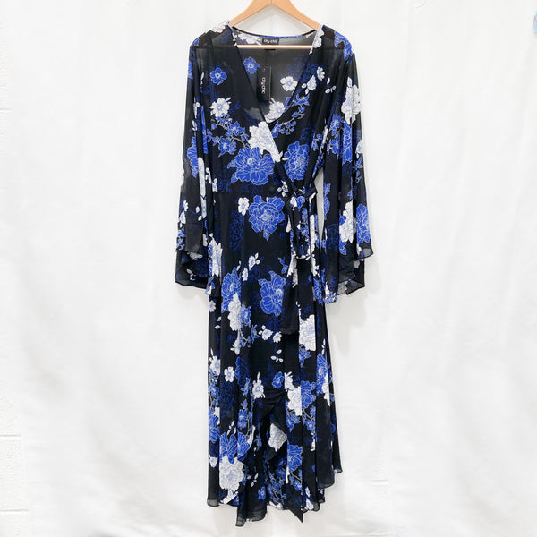 City Chic Maxi Wrap Dress UK 18 Black & Blue Floral Print Chiffon