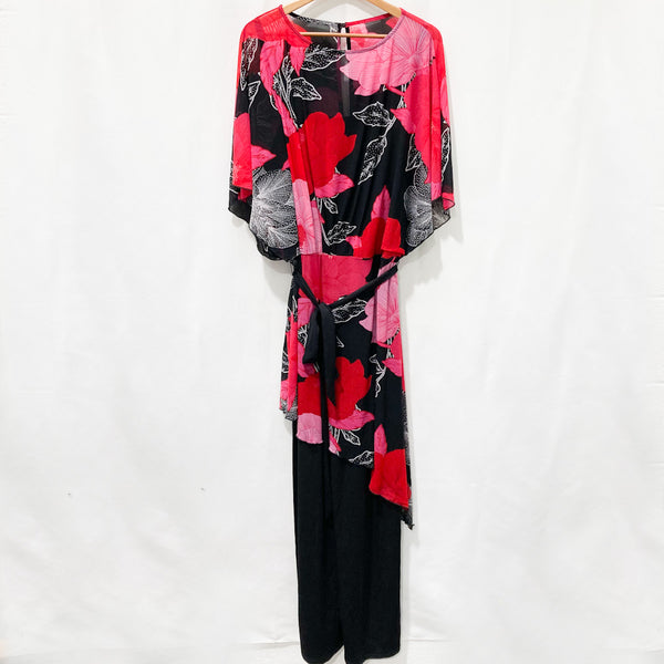 Avenue Black & Red Floral Mesh Overlay Wide Leg Jumpsuit UK 18