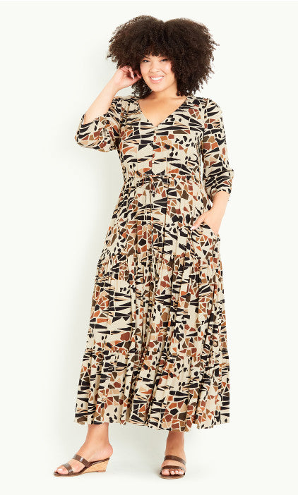 Evans Maxi Dress UK 18 Brown Print V-Neck Tiered Tie Waist