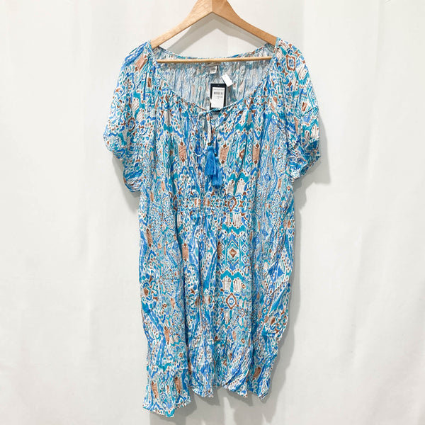 Avenue Blue Print Short Sleeve Crinkle Tunic Top UK 20