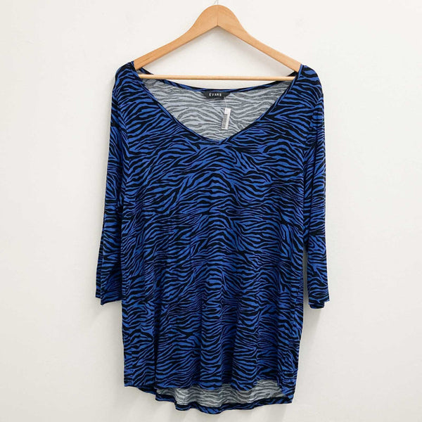 Evans Blue Animal Print 3/4 Sleeve Stretch Jersey V-Neck Top UK 14