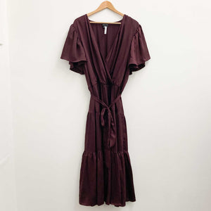 City Chic Burgundy Tiered V-Neck Faux Wrap Maxi Dress UK 22