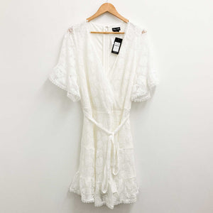 City Chic Ivory Lace V-Neck Faux Wrap Short Dress UK 20