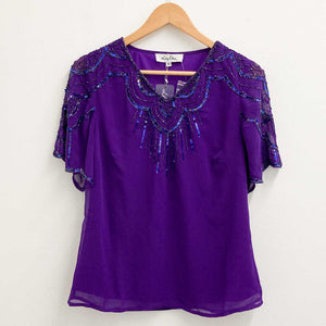 Lily Ella Purple Beaded Embellished Short Sleeve V-Neck Top UK 10