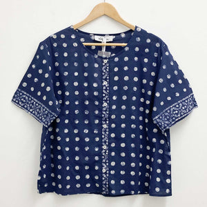 Lily Ella Navy Blue Spot Batik Print Cotton Short Sleeve Blouse UK 18