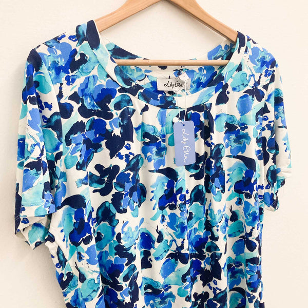 Lily Ella White & Blue Floral Print Short Sleeve Top UK 20 