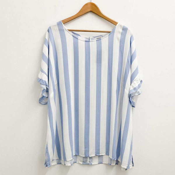 Avenue White & Blue Striped Frill Trim Short Sleeve Top UK 20