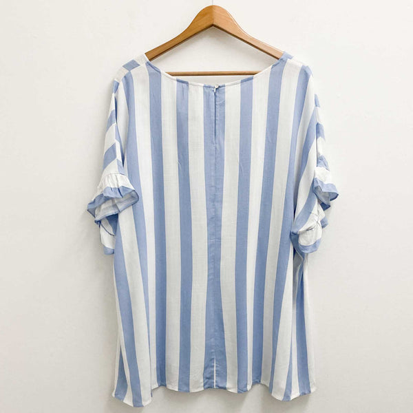 Avenue White & Blue Striped Frill Trim Short Sleeve Top UK 20