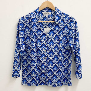 Lily Ella Blue & White Print Collared V-Neck 3/4 Sleeve Cotton Blouse UK 10