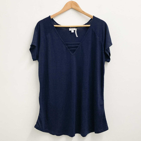 Avenue Navy 3 Bar V-Neck Short Sleeve Jersey Top UK 18