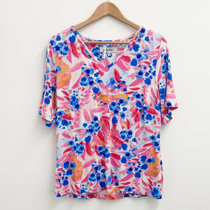 Lily Ella Pink Multi Print V-Neck Short Sleeve Top UK 16 