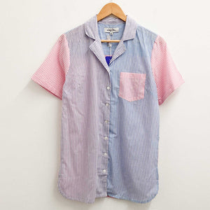 Lily Ella Blue & Pink Striped Short Sleeve Cotton Blouse UK 10