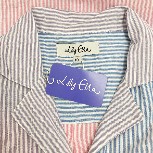 Lily Ella Blue & Pink Striped Short Sleeve Cotton Blouse UK 10