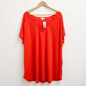 Avenue Deep Orange 3 Bar V-Neck Short Sleeve Top UK 30/32