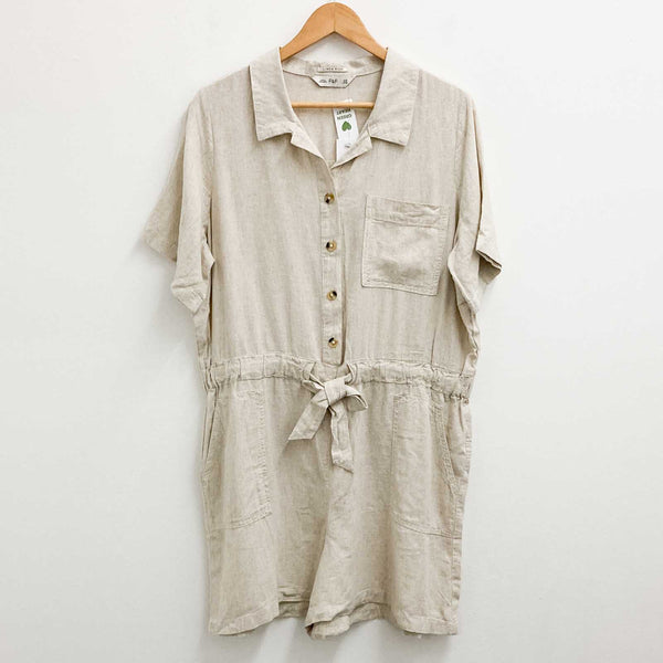 F&F Beige Linen Blend Tie Waist Short Sleeve Collared Playsuit UK 18