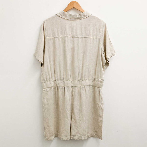 F&F Beige Linen Blend Tie Waist Short Sleeve Collared Playsuit UK 18