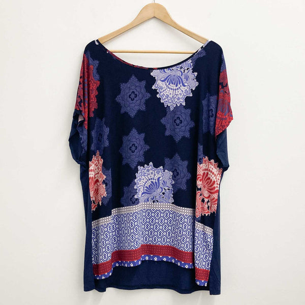 Avenue Navy & Red Floral Print Mixed Media Top UK 20