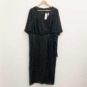 Evans Black Sequin V-Neck Faux Wrap Dress UK 18