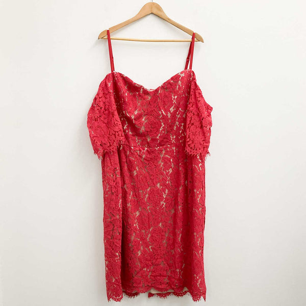 City Chic Lace Dress UK 24 Raspberry Cold Shoulder Knee Length