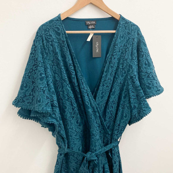 City Chic Lace Dress UK 24 Peacock Blue Faux Wrap V-Neck