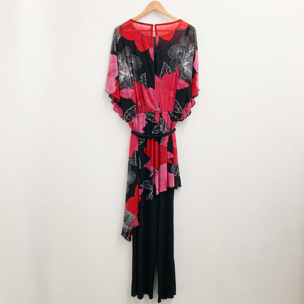 Avenue Black & Red Floral Mesh Overlay Wide Leg Jumpsuit UK 18