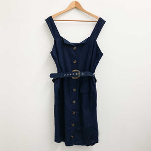 City Chic Linen Blend Dress UK 16 Navy Sleeveless Belted