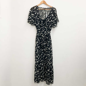 Evans Black Mono Print Faux Wrap V-Neck Maxi Dress UK 16