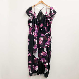 City Chic Black & Purple Floral Print Cold Shoulder Wrap Dress UK 24