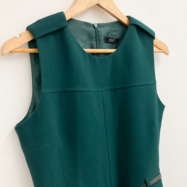 F&F Dress UK 12 Dark Green Sleeveless Belted Knee Length Pencil