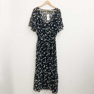 Evans Black Monochrome Spot Print Faux Wrap Maxi Dress UK 24