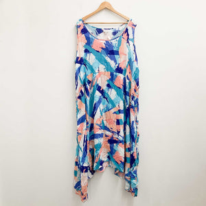 Avenue Blue Brushstroke Print Sleeveless Relaxed Fit Crinkle Dress UK 22/24