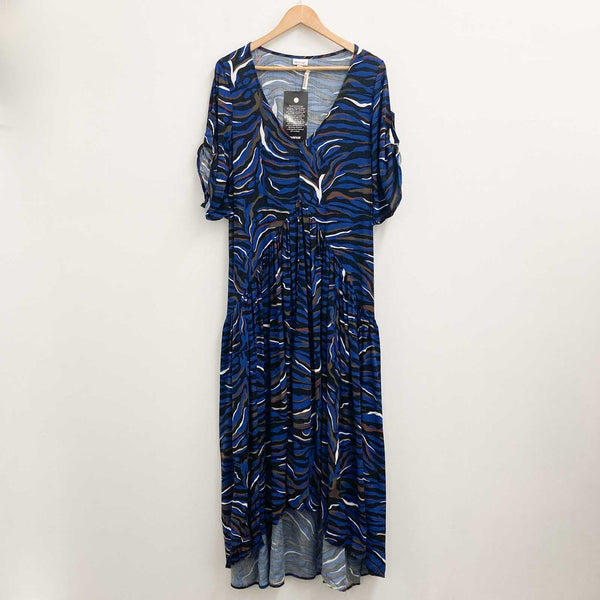 Avenue Zebra Print Maxi Dress UK 18 Blue V-Neck Hi-Lo Hem