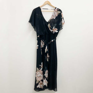 City Chic Black Floral Print V-Neck Faux Wrap Maxi Dress UK 16