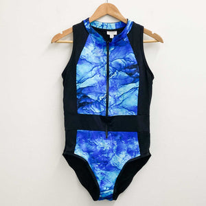 Avenue Black & Blue Print Zip Front Mock Neck One Piece Swimsuit UK 16