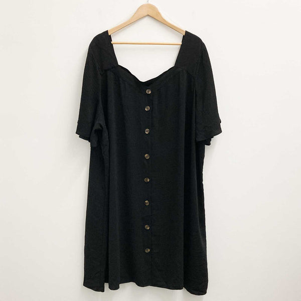 Evans Button Front Dress UK 32 Black Relaxed Fit Short Sleeve