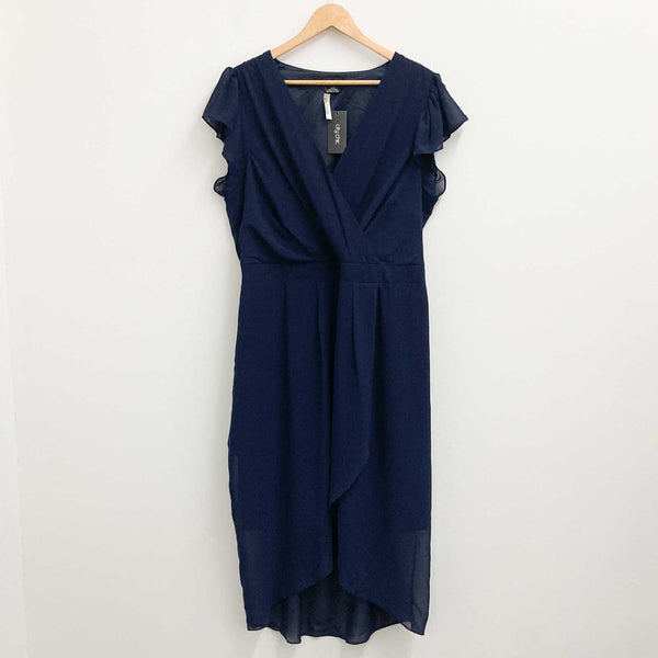 City Chic Faux Wrap Dress UK 18 Navy V-Neck Midi