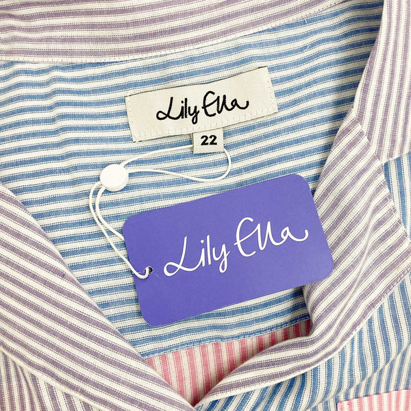 Lily Ella Blouse UK 22 Blue & Pink Striped Short Sleeve Cotton