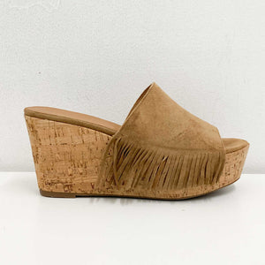 Alpe Tan Suede Open Toe Fringed Cork Wedge Mules Size 40 