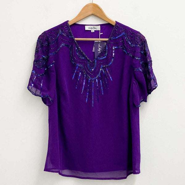 Lily Ella Top UK 12 Purple Sequin V-Neck Short Sleeve 