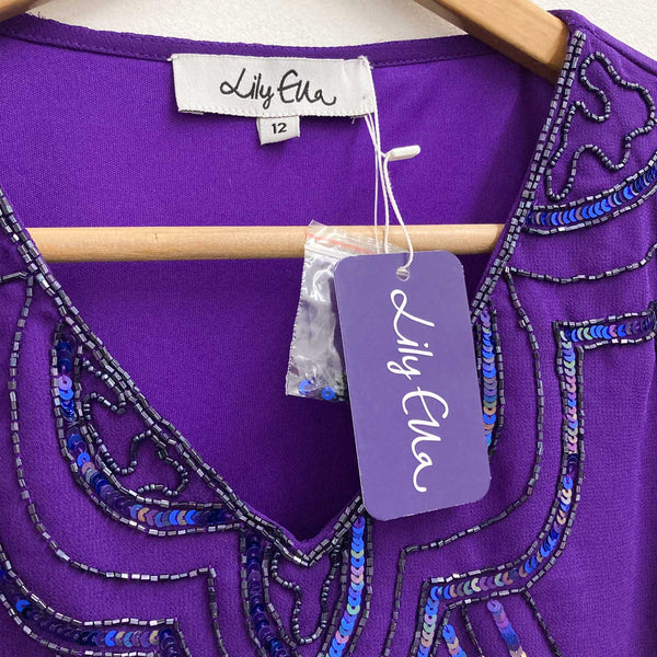 Lily Ella Top UK 12 Purple Sequin V-Neck Short Sleeve 