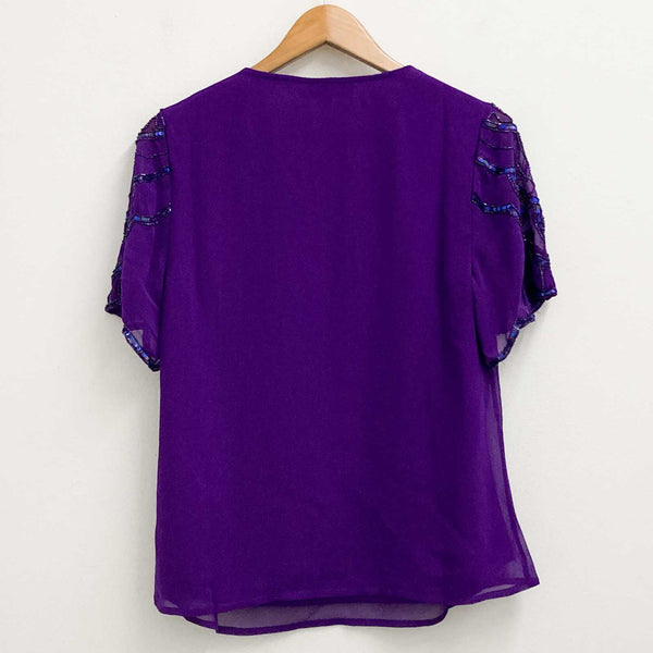 Lily Ella Top UK 12 Purple Sequin V-Neck Short Sleeve 