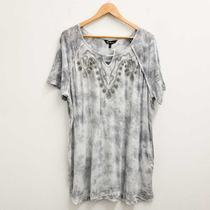 Ulla Popken Top EU 50/52 UK 24/26 Grey Tie Dye Embroidered Short Sleeve 