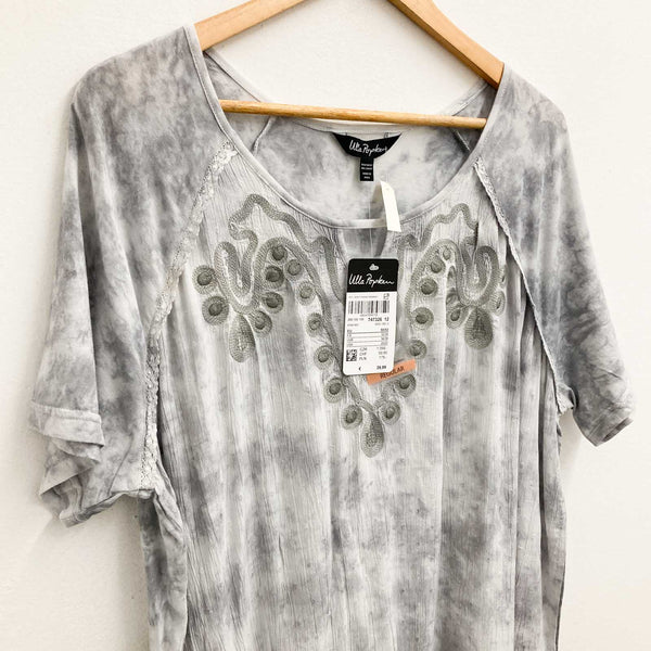 Ulla Popken Top EU 50/52 UK 24/26 Grey Tie Dye Embroidered Short Sleeve 