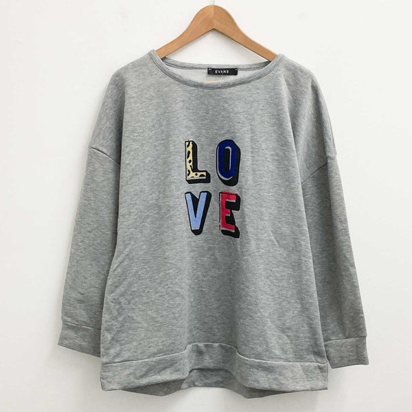 Evans Sweat Top UK 16 Grey Love Slogan Print Relaxed Fit 