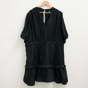 City Chic Mini Dress UK 24 Black V-Neck Puff Sleeve Lace Skirt